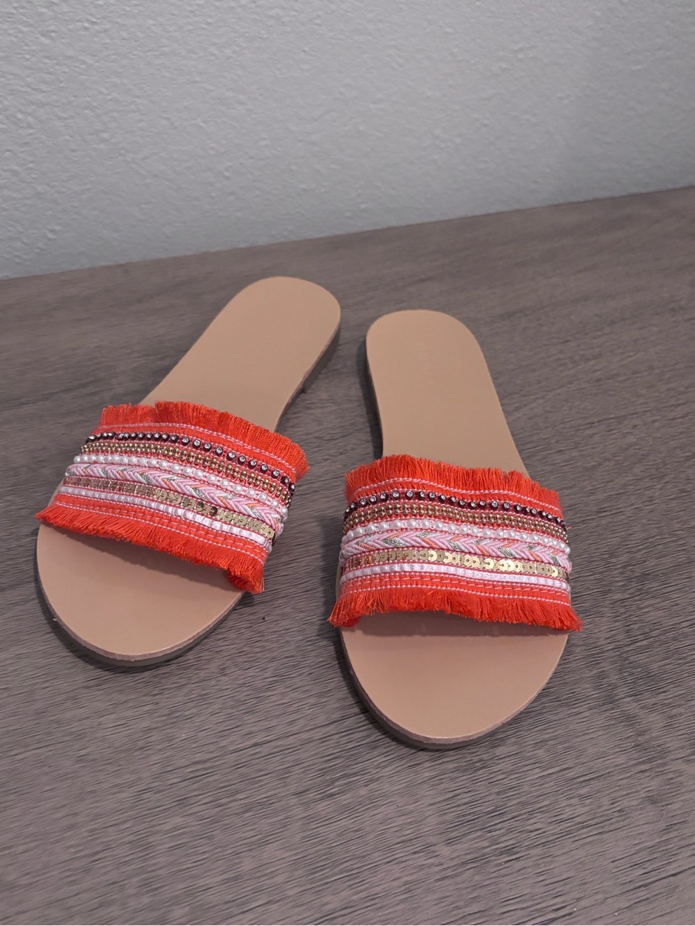 Boho Multi Colored Fringe Slide Sandals